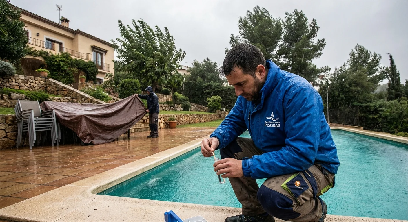 realistic action photo, dynamic perspective of Woning in Spanje Winterklaar met een technieker die het zwembadwater test en de tuinmeubelen afdekt tegen de regen, professional appearance