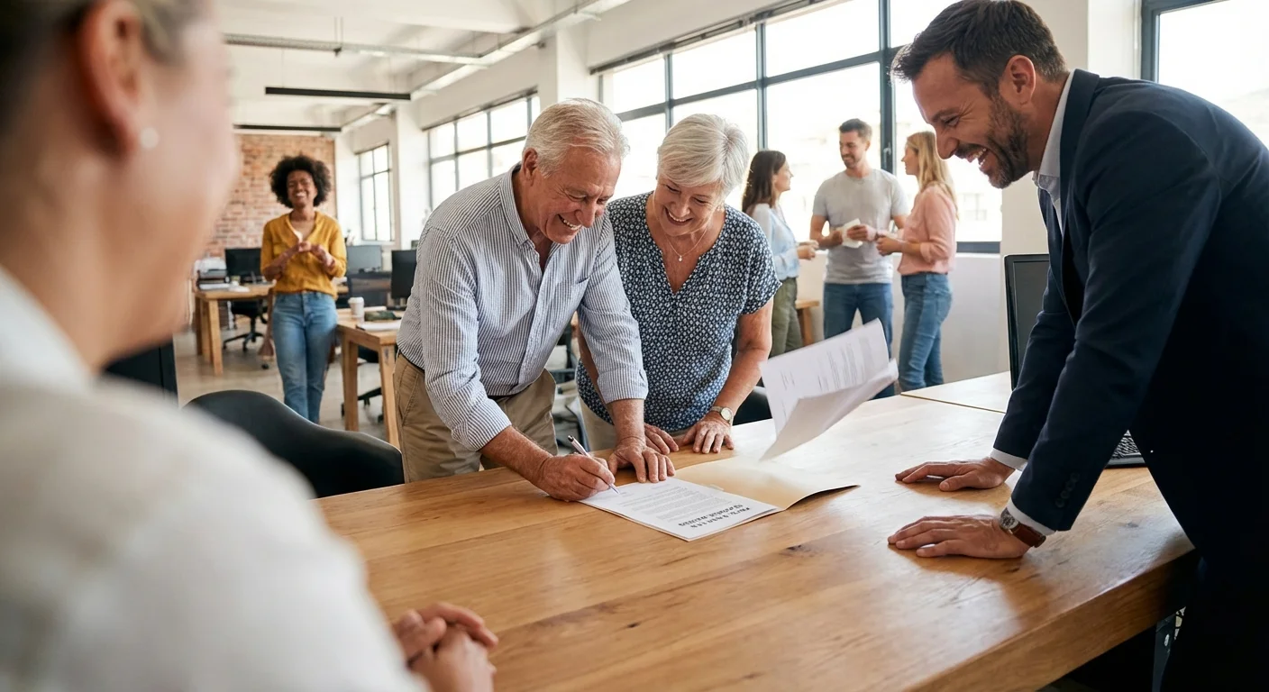 realistic action photo, dynamic perspective of a real estate office interior where documents showing the Price of a Spanish Property are signed by satisfied buyers