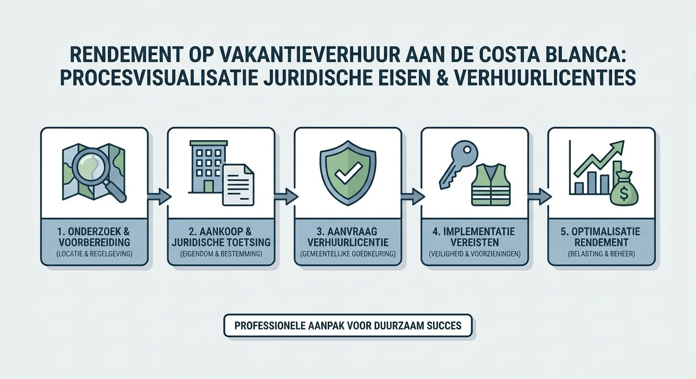 step-by-step illustration, process visualization of Rendement op Vakantieverhuur aan de Costa Blanca at juridische eisen en verhuurlicenties aan de costa blanca, professional appearance
