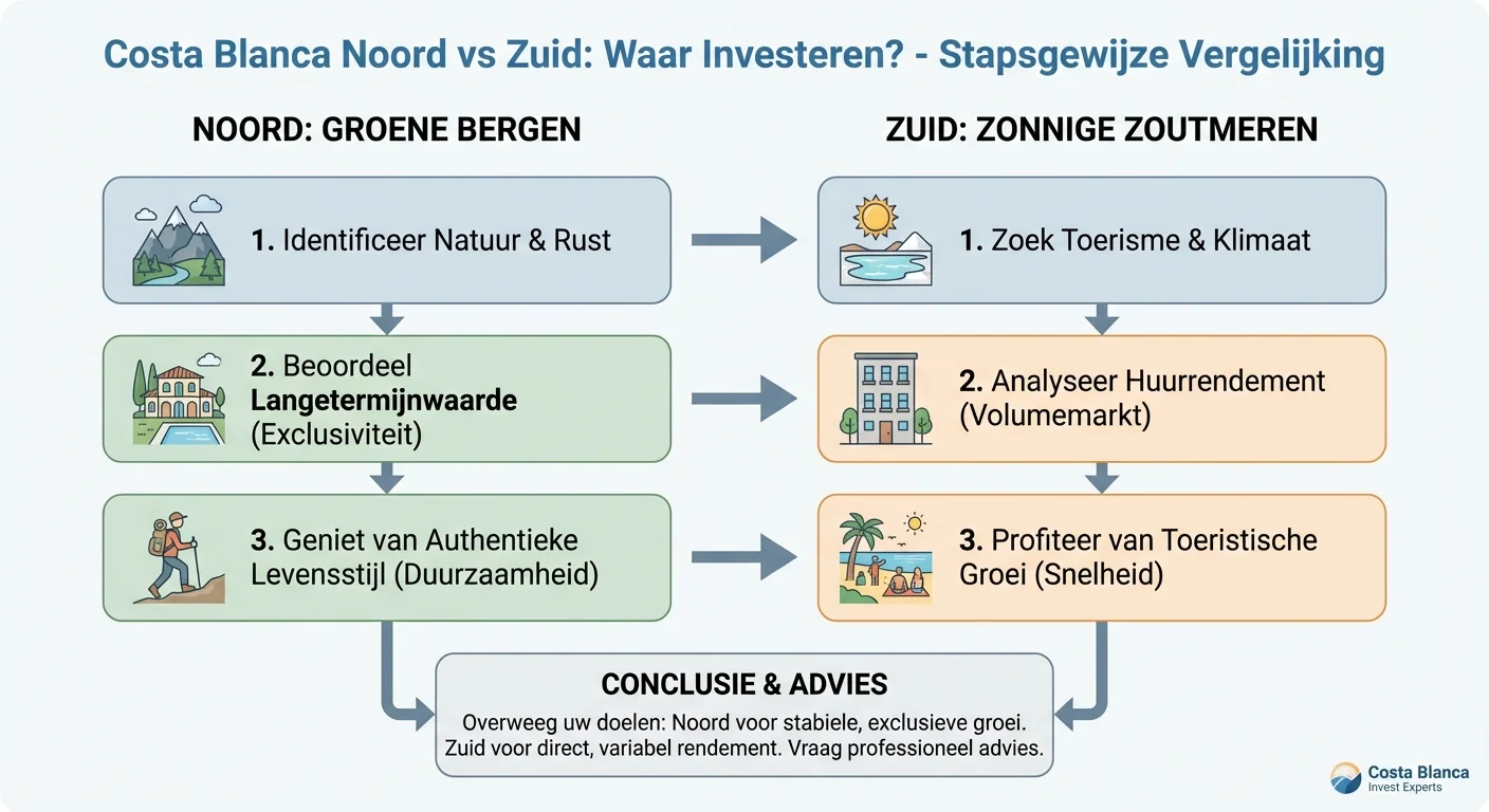 step-by-step illustration, process visualization van Costa Blanca Noord vs Zuid: Waar Investeren? met een vergelijking van de groene bergen in het noorden en de zonnige zoutmeren in het zuiden, professional appearance
