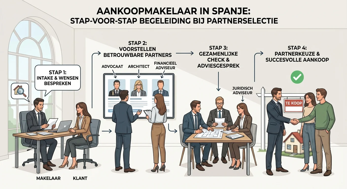 step-by-step illustration, process visualization van een Makelaar voor Aankoop in Spanje die een klant begeleidt bij het selecteren van een betrouwbare partner, professional appearance. ALL text rendered in this image MUST be in Dutch. Ensure correct spelling.