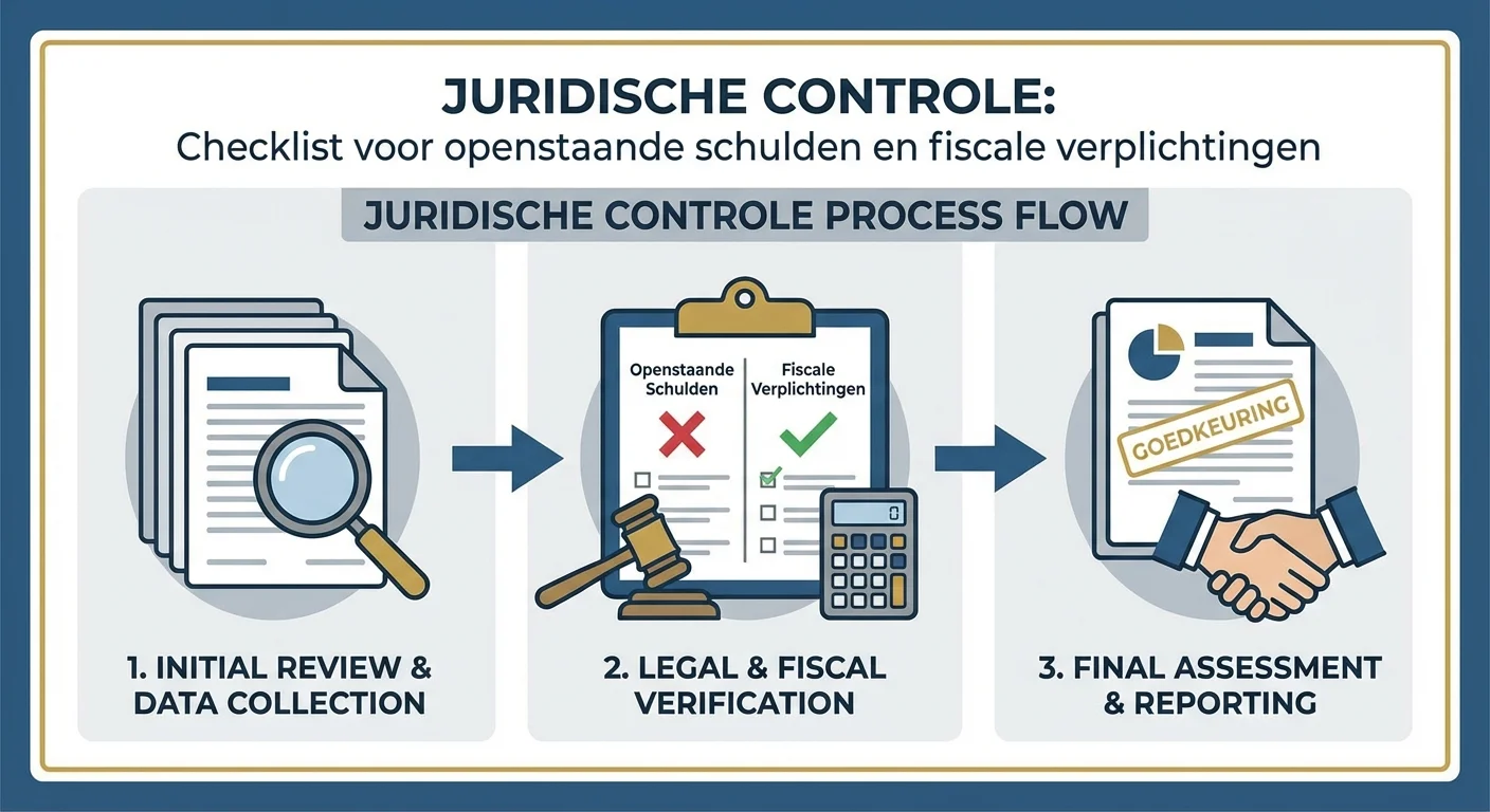step-by-step illustration, process visualisation of Legal Audit at checklist for outstanding debts and tax liabilities, professional appearance