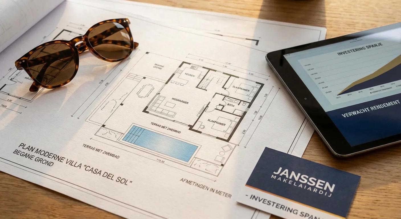 close-up detail shot, sharp focus van een modern architecturaal plan van een Spaanse villa met een zonnebril ernaast, visuele weergave van investeren Spanje, professional appearance.