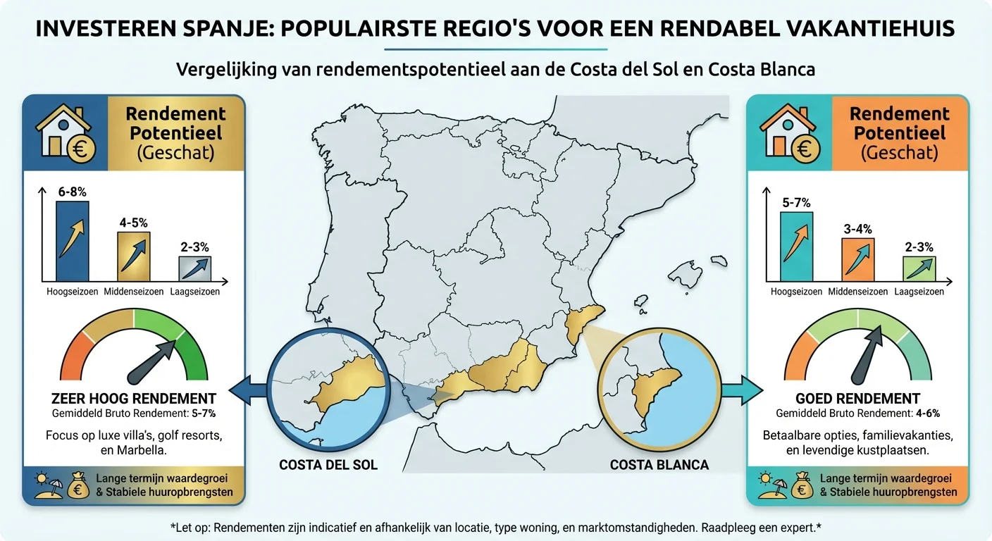diagram of infographic style, clear and informative of Investeren Spanje at de populairste regio's voor een rendabel vakantiehuis, Costa del Sol and Costa Blanca.