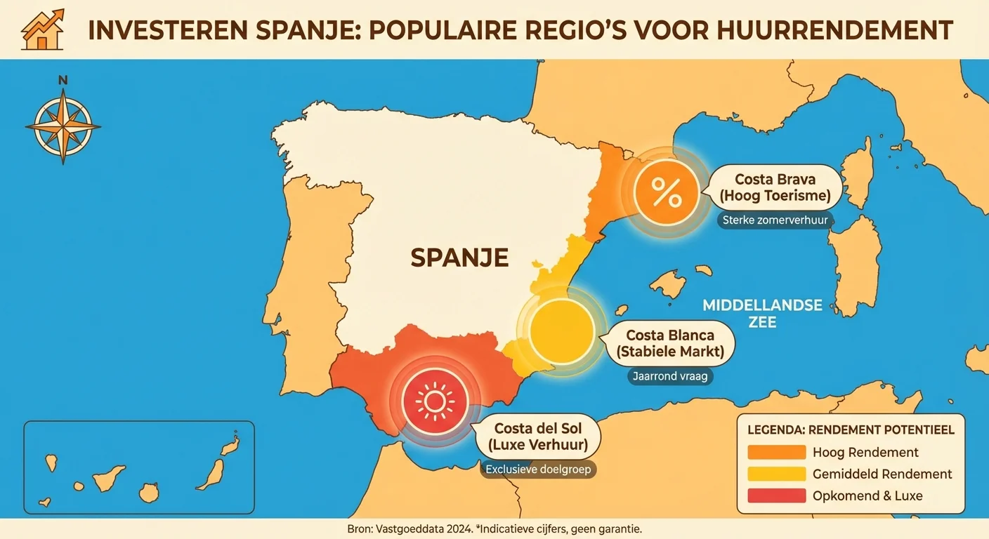 Investeren Spanje highlighting the most popular regions for rental returns.
