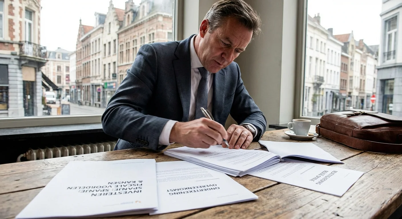 Een realistische actiefoto vanuit een dynamisch perspectief van een Belgische investeerder die documenten over Investeren Spanje en fiscale voordelen ondertekent aan een houten tafel, professionele uitstraling.