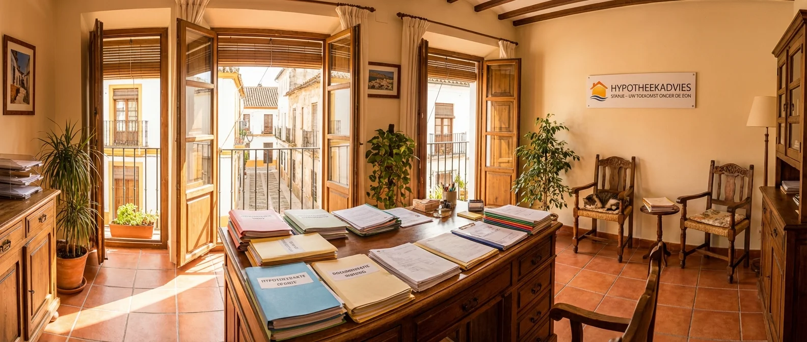 Wide panorama van een zonnig Spaans kantoor met bureau vol documenten voor hypotheek in Spanje, warm atmosphere, inviting composition, professional photography. ALL text rendered in this image MUST be in Dutch. Ensure correct spelling.