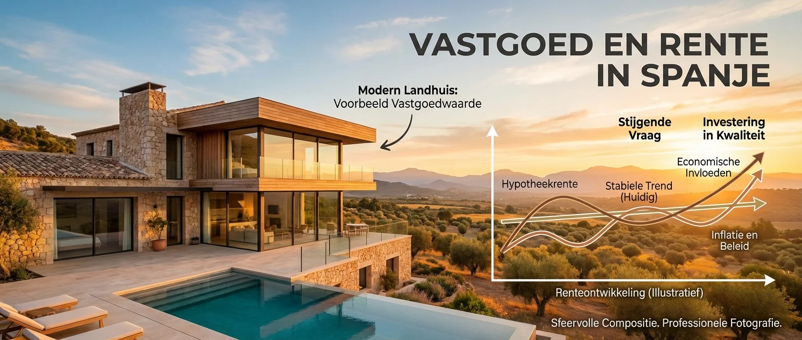 Wide panorama van een modern Spaans landhuis bij zonsondergang, illustratief overzicht van vastgoed en Rente in Spanje, sfeervolle compositie, professionele fotografie. ALL text rendered in this image MUST be in Dutch. Ensure correct spelling.