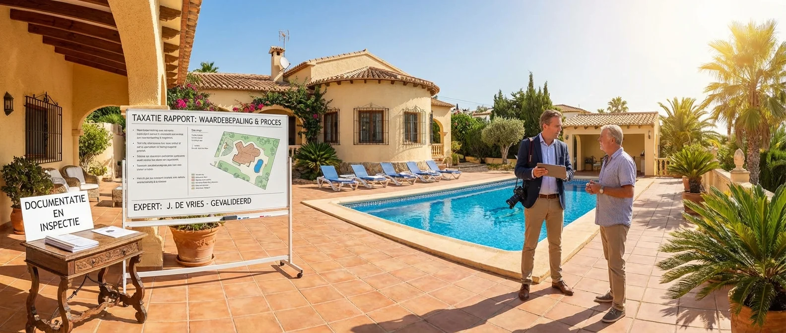 Wide panorama van een Taxatie proces in een zonnige Spaanse villa, illustratief overzicht van een expert die de waarde bepaalt, warme atmosfeer, professionele fotografie. ALL text rendered in this image MUST be in Dutch. Ensure correct spelling.