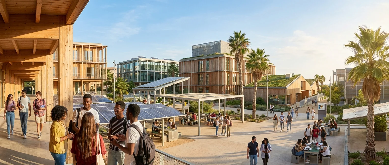 Wide panorama van modern onderwijs in spanje, een zonnige campus met studenten, uitnodigende sfeer, professionele fotografie