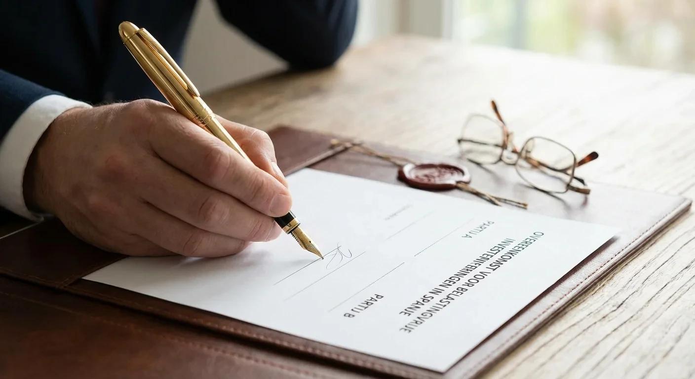 een gouden pen die een contract tekent voor belastingvrije investeringen in Spanje